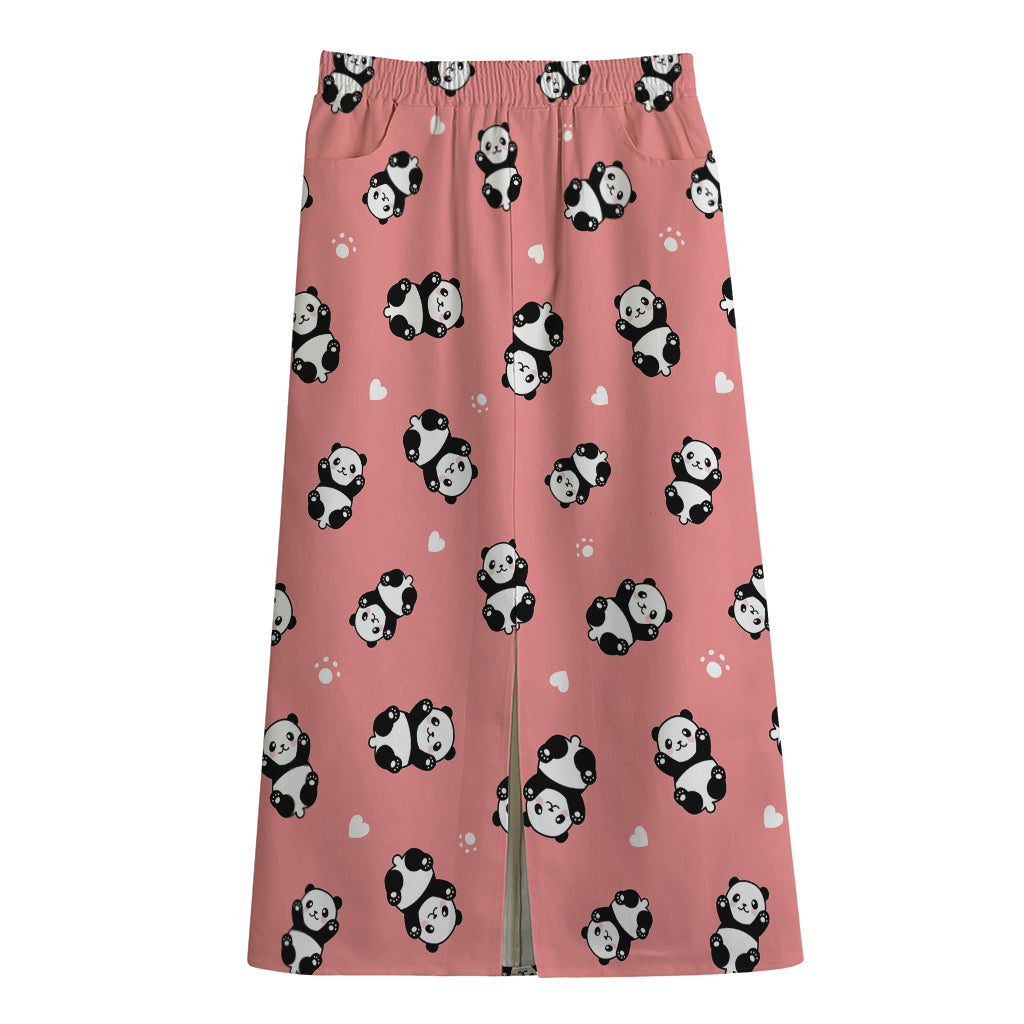 Cute Baby Panda Pattern Print Cotton Front Slit Maxi Skirt