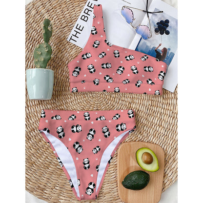 Cute Baby Panda Pattern Print One Shoulder Bikini Top