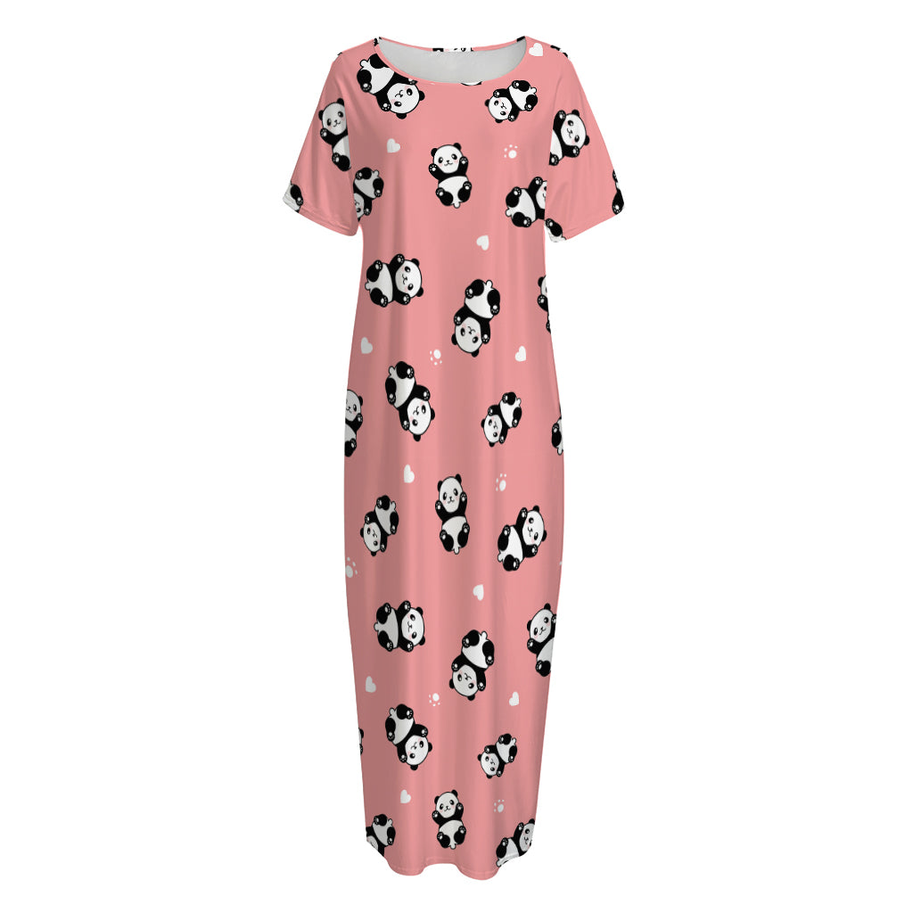 Cute Baby Panda Pattern Print Short Sleeve Long Nightdress