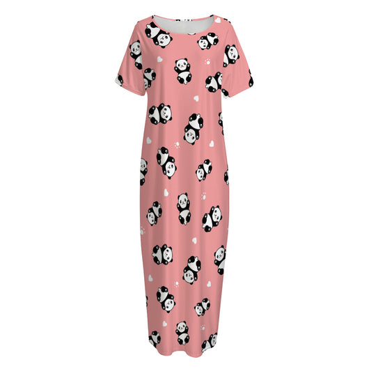 Cute Baby Panda Pattern Print Short Sleeve Long Nightdress