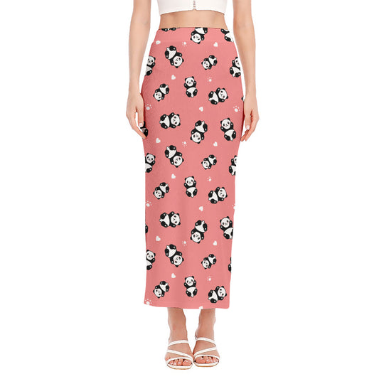 Cute Baby Panda Pattern Print Side Slit Maxi Skirt