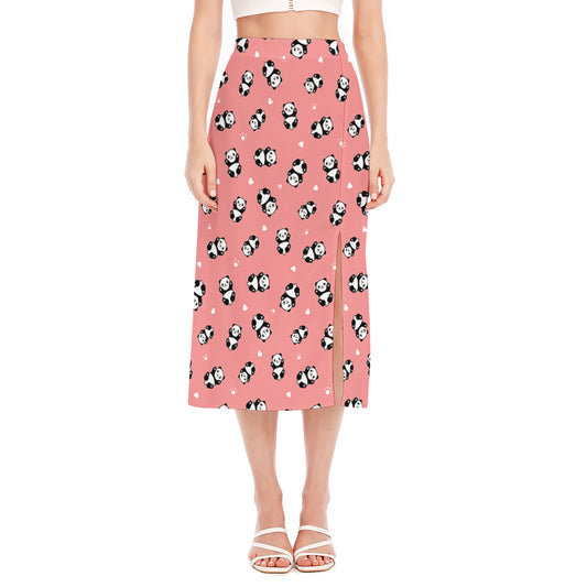 Cute Baby Panda Pattern Print Side Slit Midi Skirt