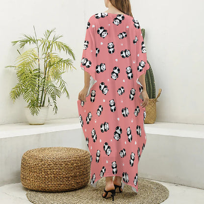 Cute Baby Panda Pattern Print Silk V-Neck Kaftan Dress