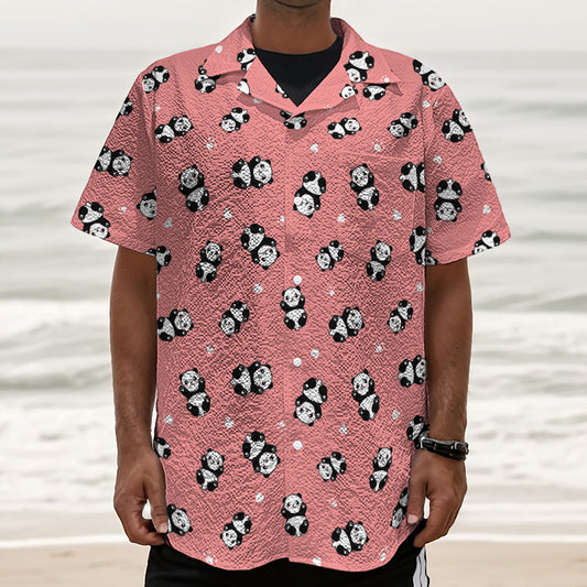 Cute Baby Panda Pattern Print Textured Short Sleeve Shirt