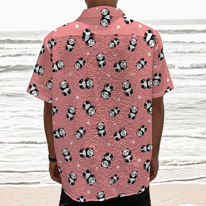 Cute Baby Panda Pattern Print Textured Short Sleeve Shirt