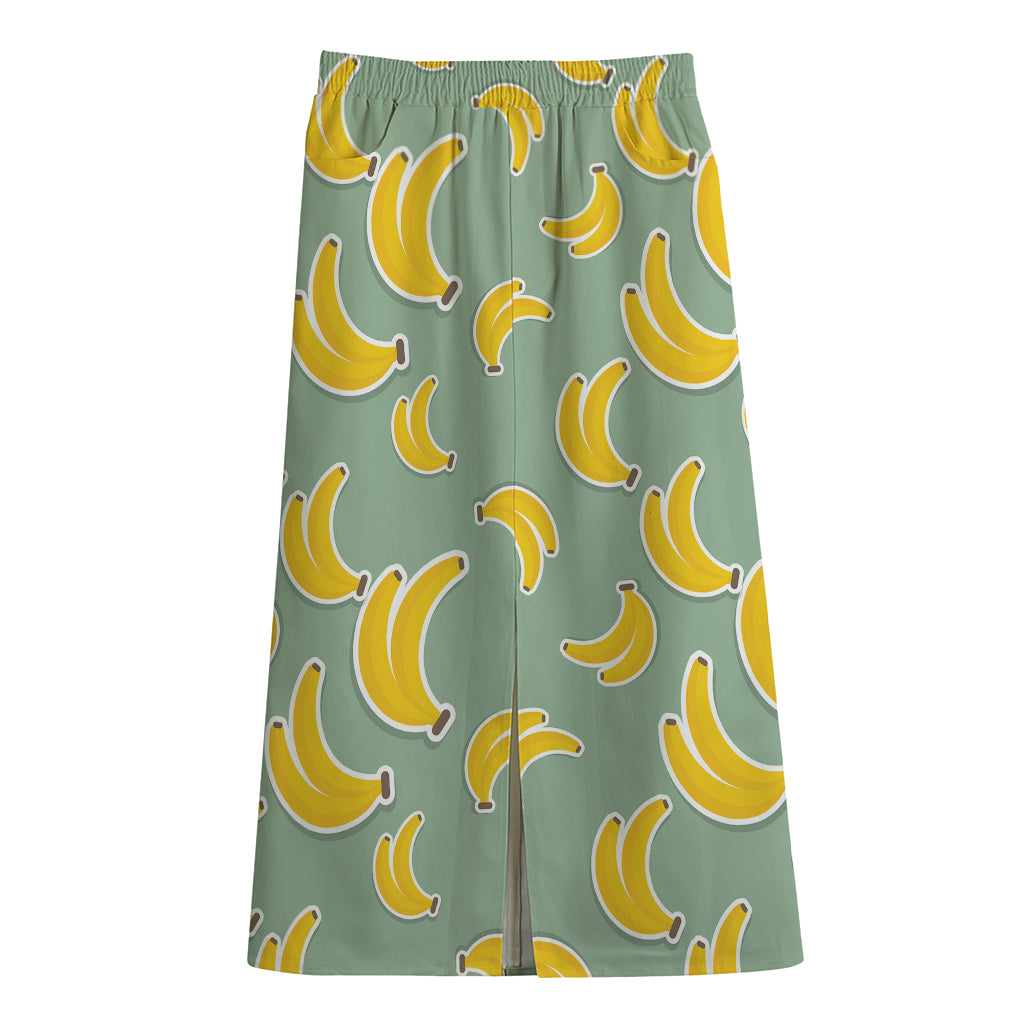 Cute Banana Pattern Print Cotton Front Slit Maxi Skirt