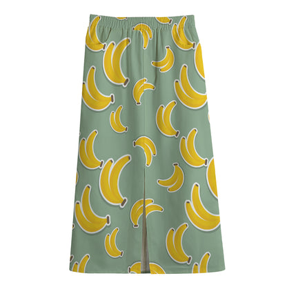 Cute Banana Pattern Print Cotton Front Slit Maxi Skirt