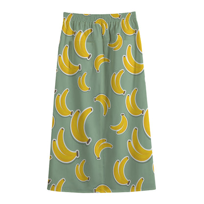 Cute Banana Pattern Print Cotton Front Slit Maxi Skirt