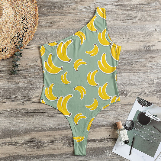 Cute Banana Pattern Print One Shoulder Bodysuit