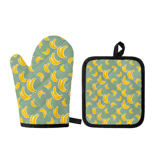 Cute Banana Pattern Print Oven Mitt And Pot Holder Set