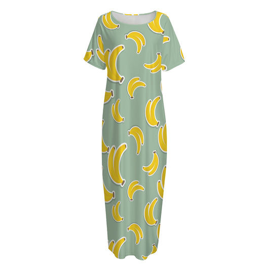Cute Banana Pattern Print Short Sleeve Long Nightdress