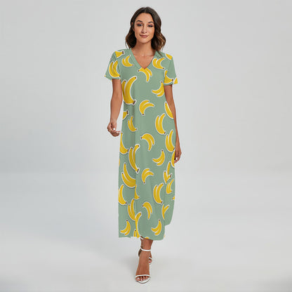 Cute Banana Pattern Print Short Sleeve Maxi Dress