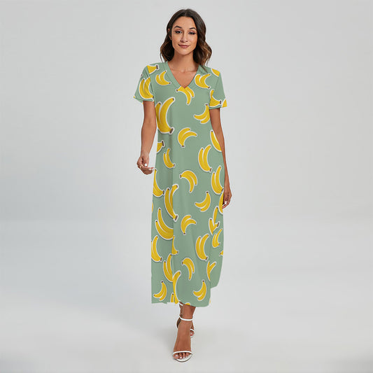 Cute Banana Pattern Print Short Sleeve Maxi Dress
