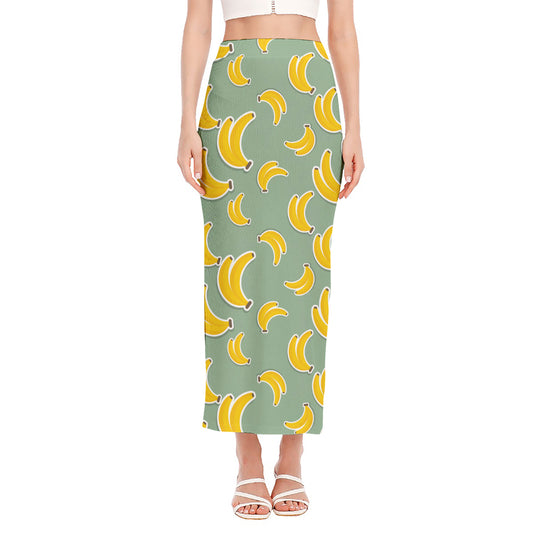 Cute Banana Pattern Print Side Slit Maxi Skirt