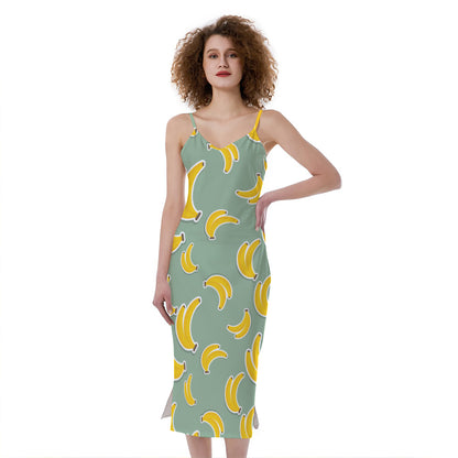 Cute Banana Pattern Print Slim Fit Midi Cami Dress