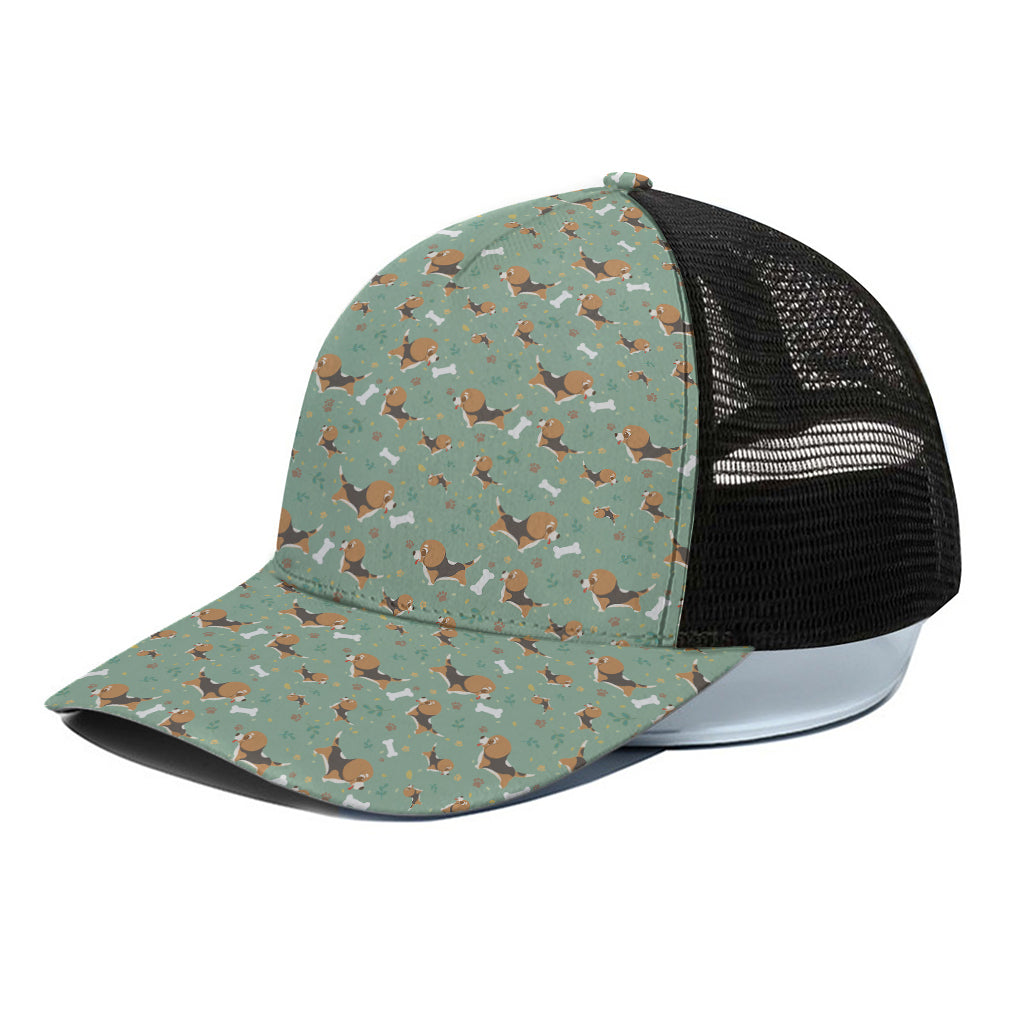 Cute Beagle Puppy Pattern Print Black Mesh Trucker Cap