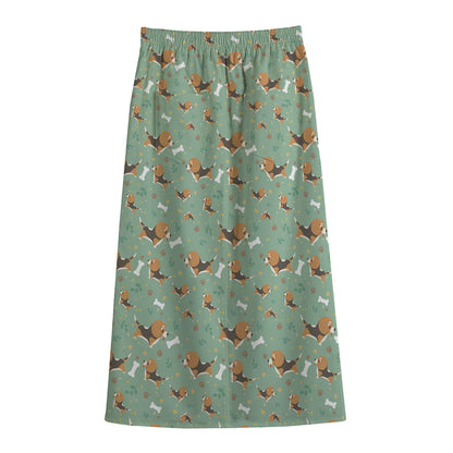 Cute Beagle Puppy Pattern Print Cotton Front Slit Maxi Skirt
