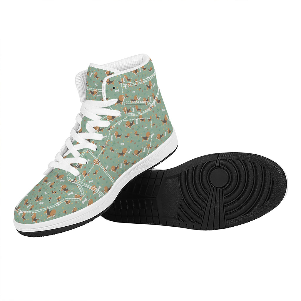 Cute Beagle Puppy Pattern Print High Top Leather Sneakers