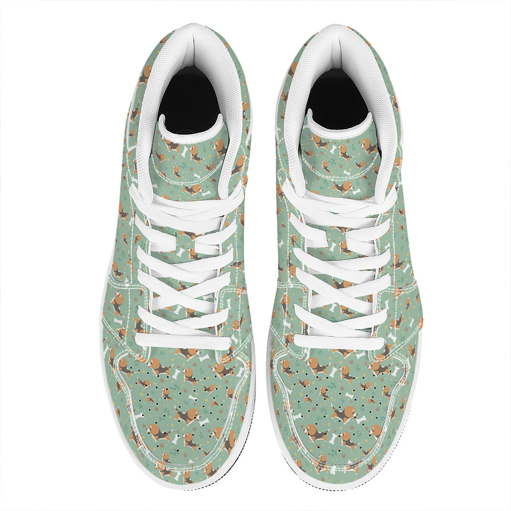 Cute Beagle Puppy Pattern Print High Top Leather Sneakers