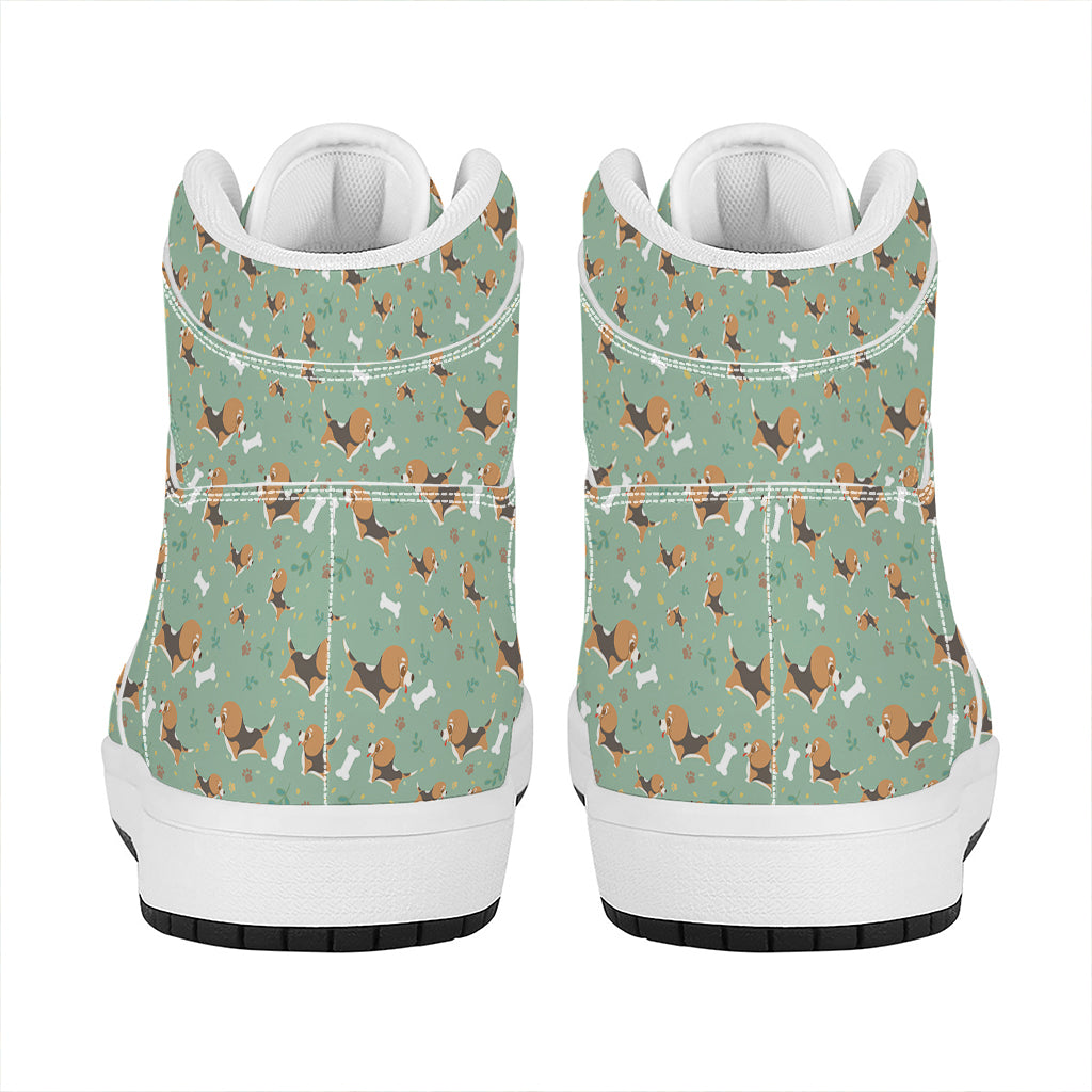 Cute Beagle Puppy Pattern Print High Top Leather Sneakers