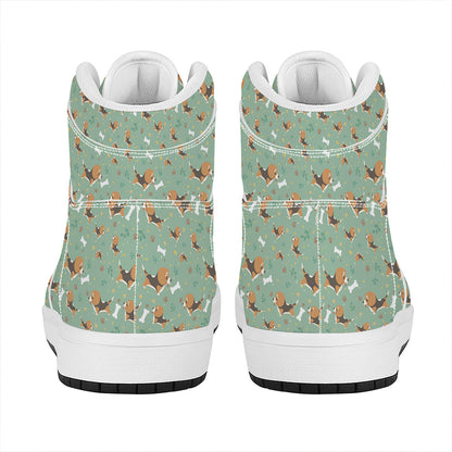 Cute Beagle Puppy Pattern Print High Top Leather Sneakers