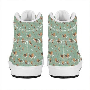 Cute Beagle Puppy Pattern Print High Top Leather Sneakers