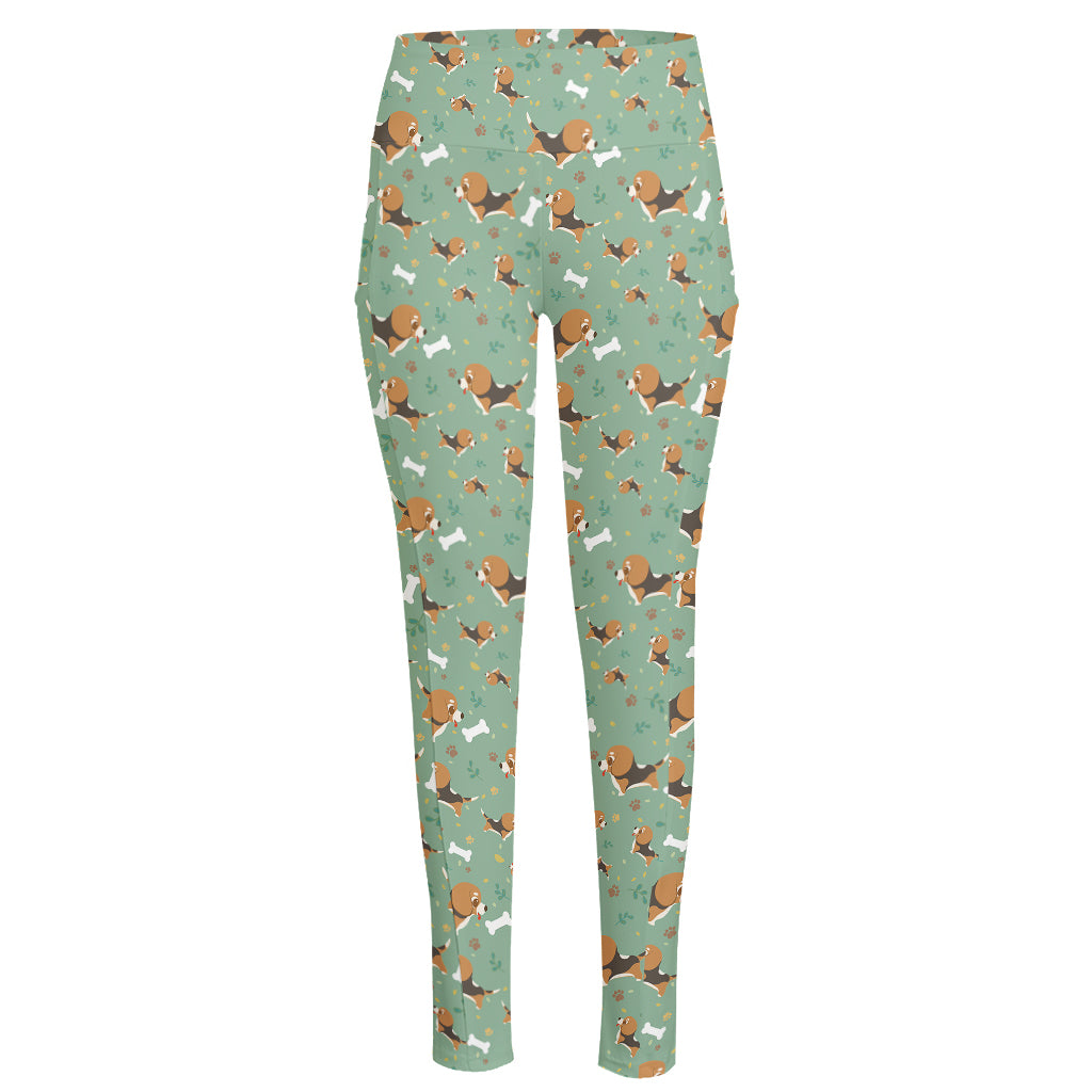 Cute Beagle Puppy Pattern Print High-Waisted Pocket Leggings