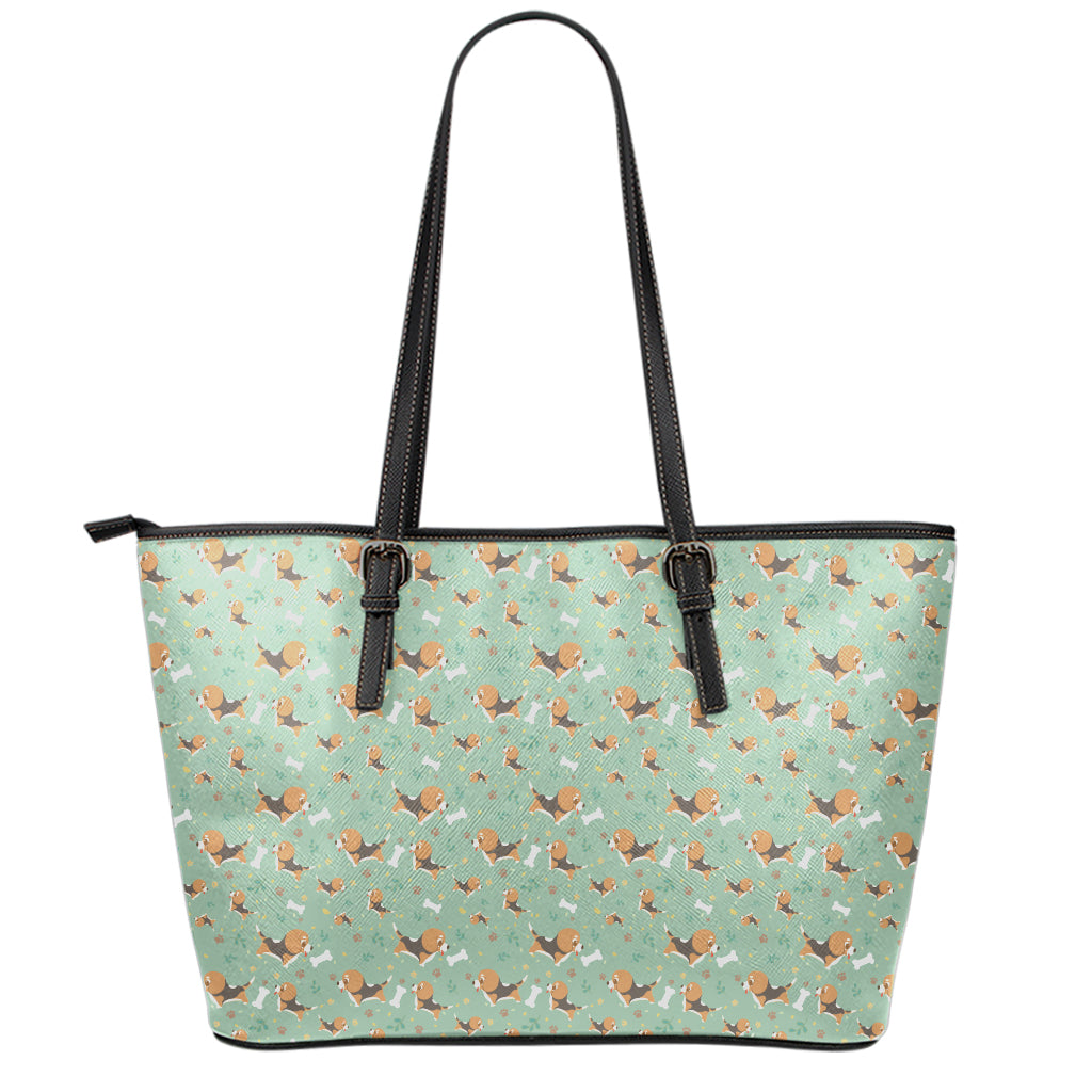 Cute Beagle Puppy Pattern Print Leather Tote Bag