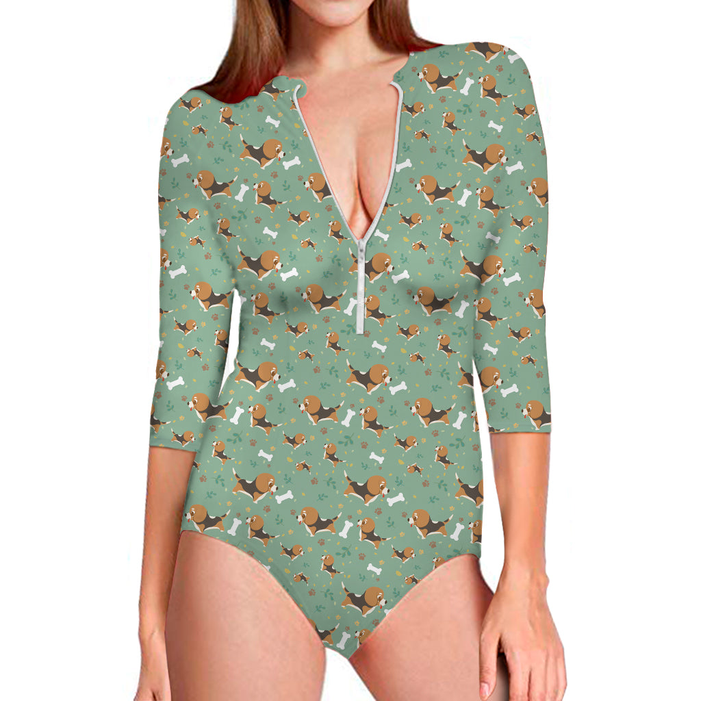 Cute Beagle Puppy Pattern Print Long Sleeve Swimsuit