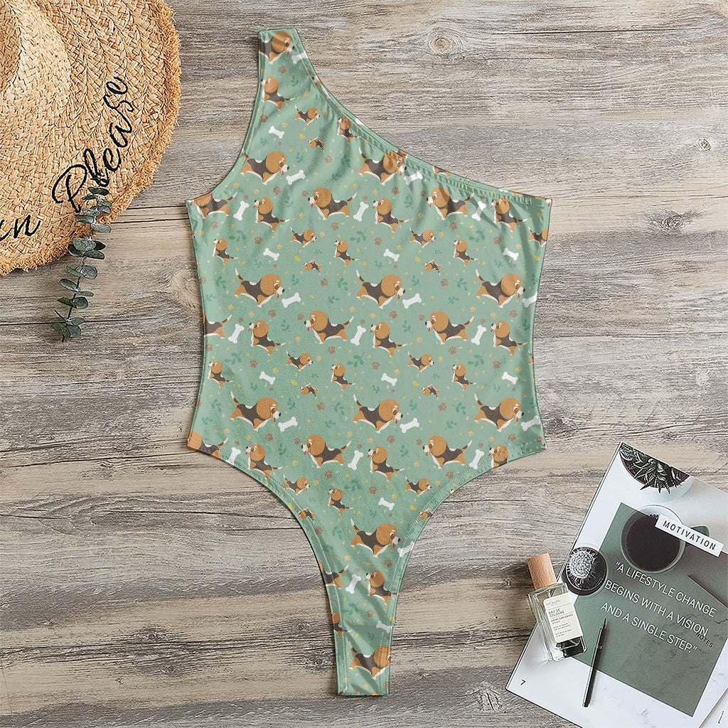 Cute Beagle Puppy Pattern Print One Shoulder Bodysuit