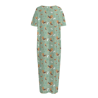 Cute Beagle Puppy Pattern Print Short Sleeve Long Nightdress