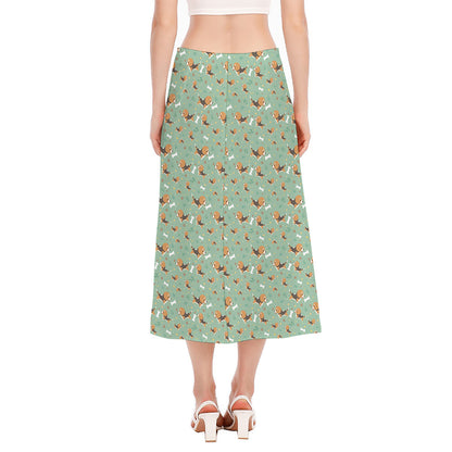 Cute Beagle Puppy Pattern Print Side Slit Midi Skirt