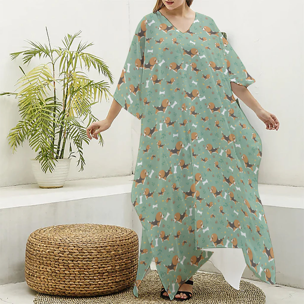 Cute Beagle Puppy Pattern Print Silk V-Neck Kaftan Dress