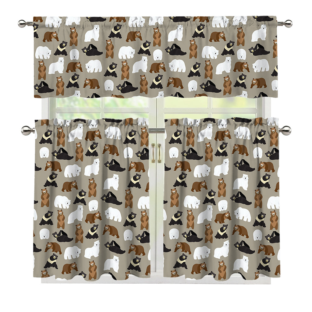 Cute Bear Pattern Print 3 Piece Kitchen Curtains