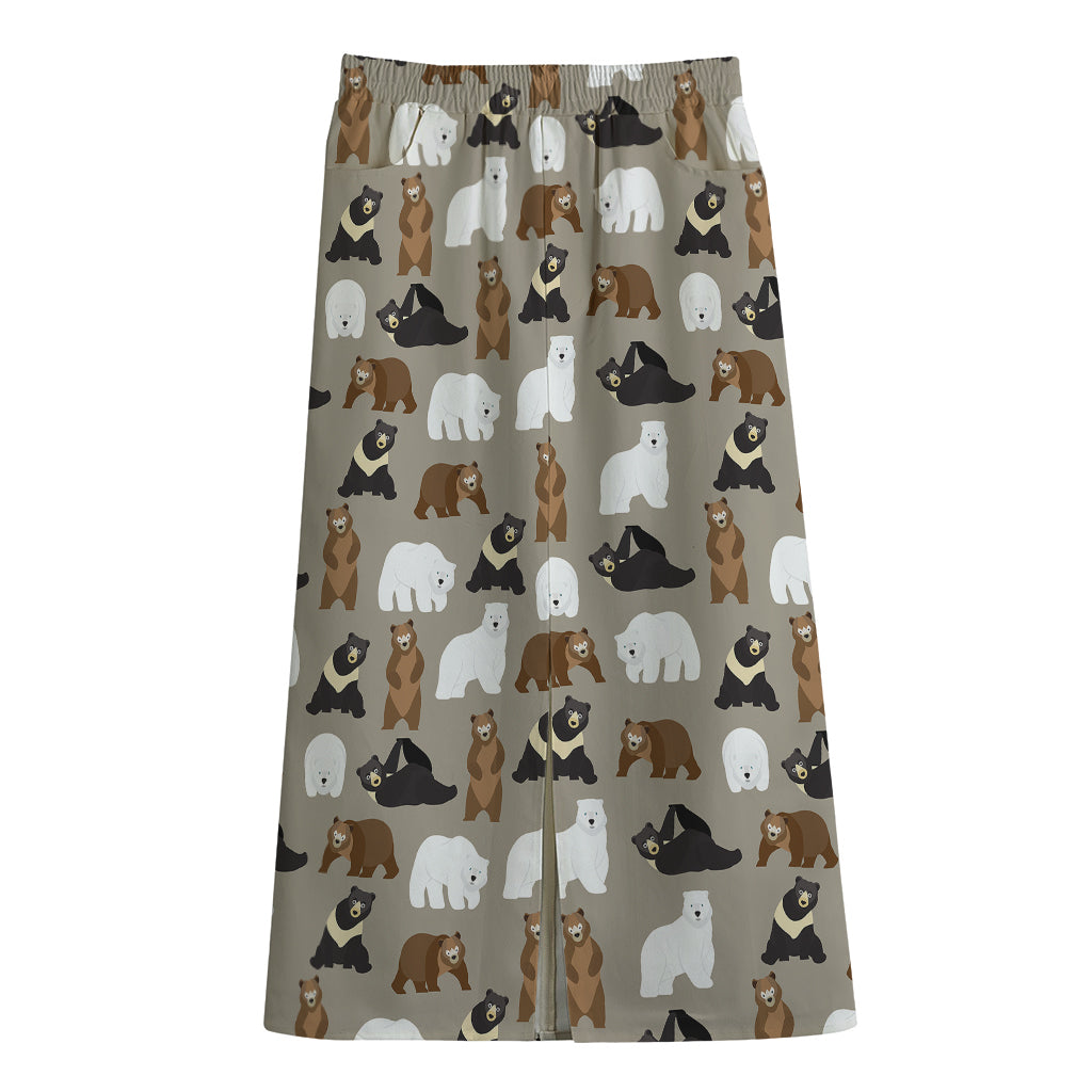 Cute Bear Pattern Print Cotton Front Slit Maxi Skirt