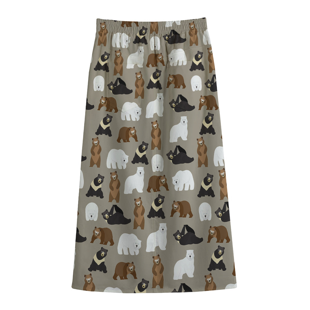 Cute Bear Pattern Print Cotton Front Slit Maxi Skirt