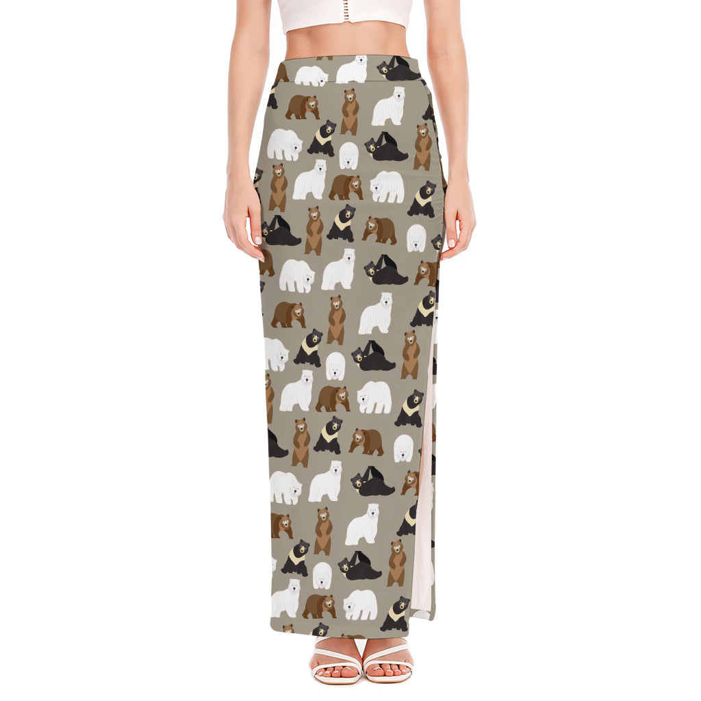 Cute Bear Pattern Print High Slit Maxi Skirt