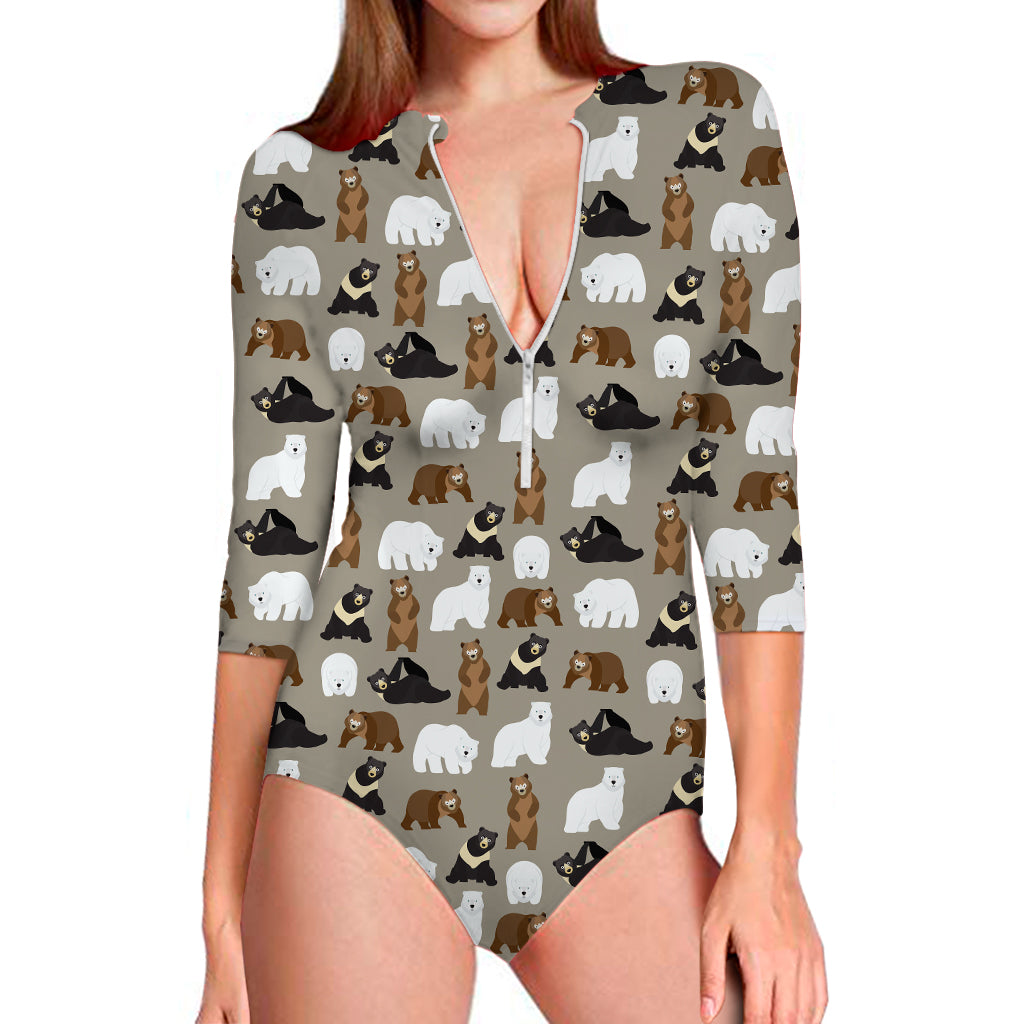 Cute Bear Pattern Print Long Sleeve Swimsuit