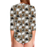 Cute Bear Pattern Print Long Sleeve Swimsuit