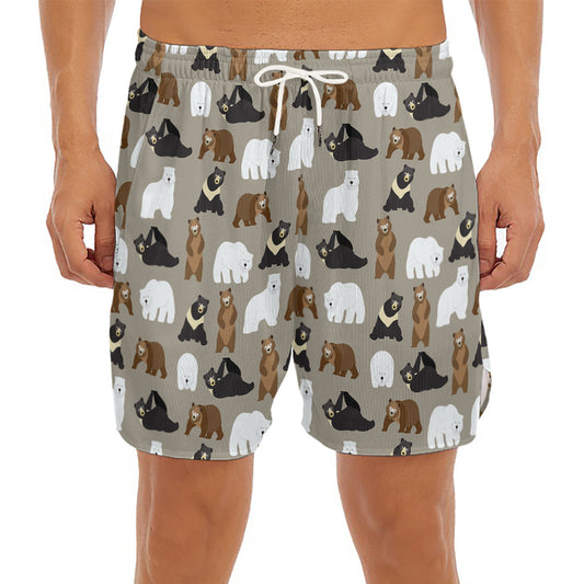 Cute Bear Pattern Print Men's Split Running Shorts