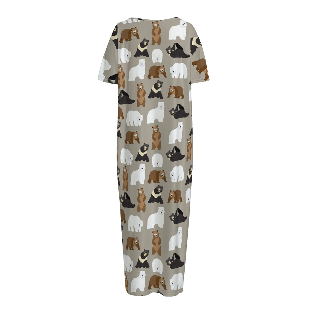 Cute Bear Pattern Print Short Sleeve Long Nightdress