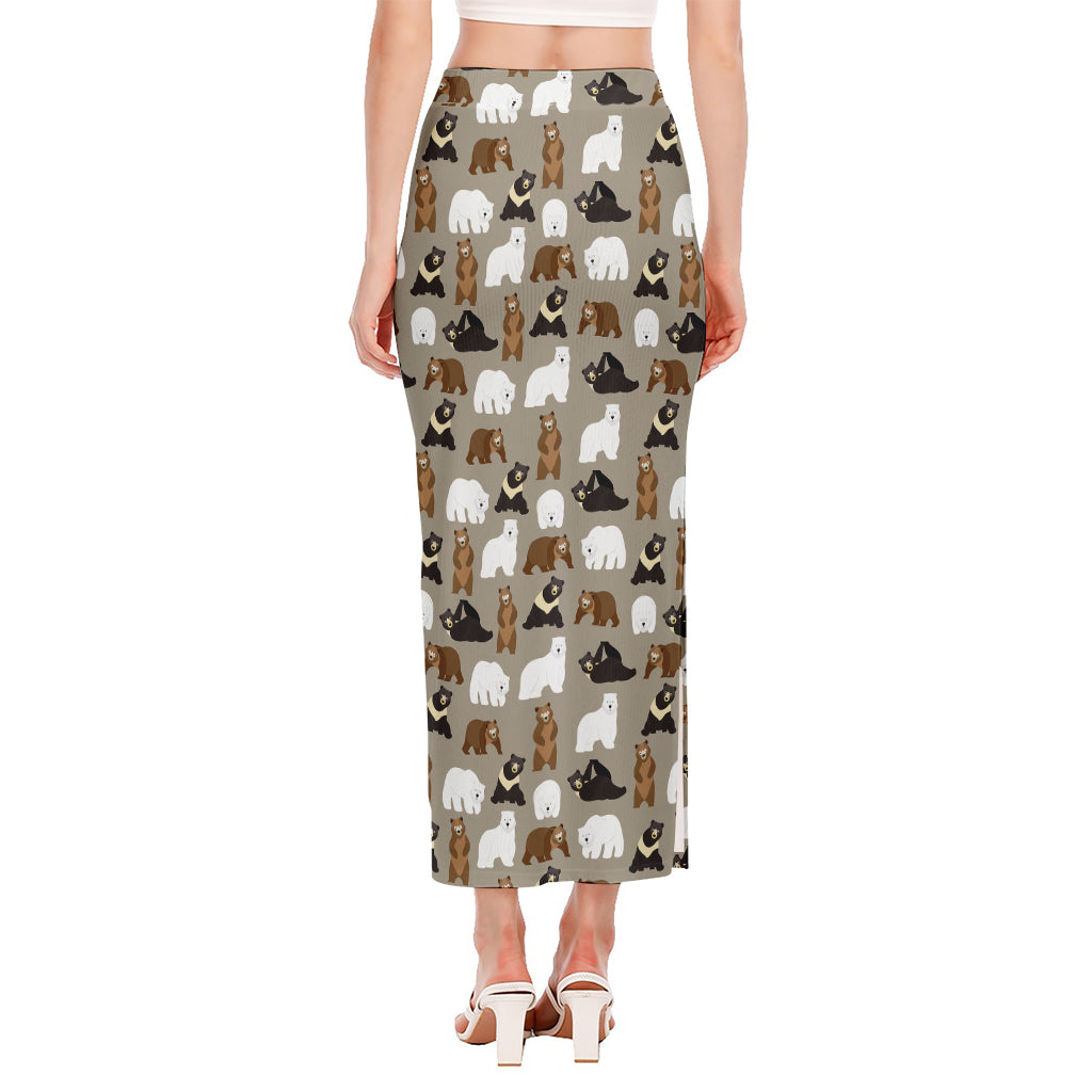 Cute Bear Pattern Print Side Slit Maxi Skirt