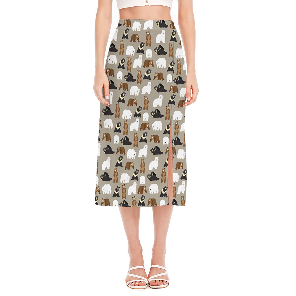 Cute Bear Pattern Print Side Slit Midi Skirt