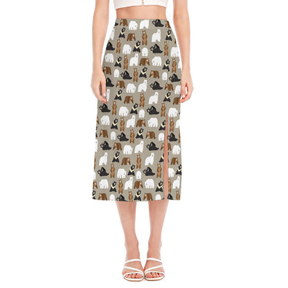 Cute Bear Pattern Print Side Slit Midi Skirt
