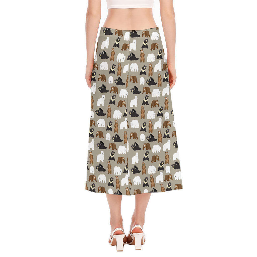 Cute Bear Pattern Print Side Slit Midi Skirt