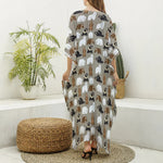 Cute Bear Pattern Print Silk V-Neck Kaftan Dress