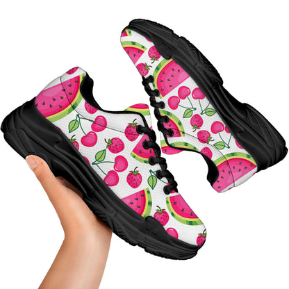 Cute Berry Watermelon Pattern Print Black Chunky Shoes