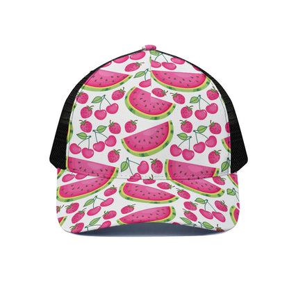 Cute Berry Watermelon Pattern Print Black Mesh Trucker Cap