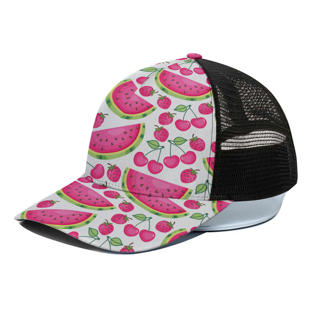 Cute Berry Watermelon Pattern Print Black Mesh Trucker Cap