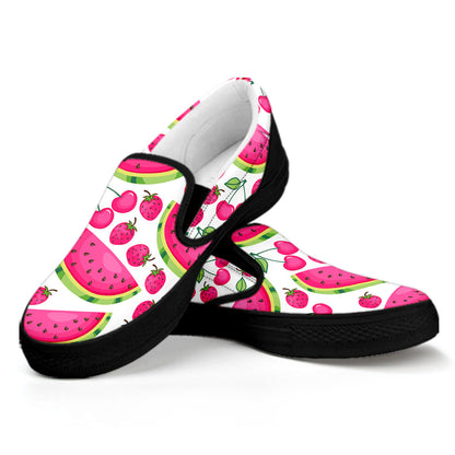 Cute Berry Watermelon Pattern Print Black Slip On Sneakers